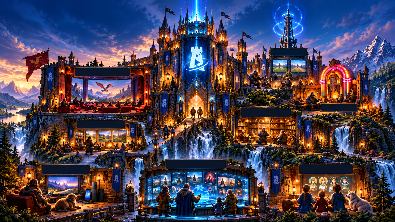 An illuminated fantasy castle with terraces for movies, television, photos, music, a media library, search, profiles and devices.